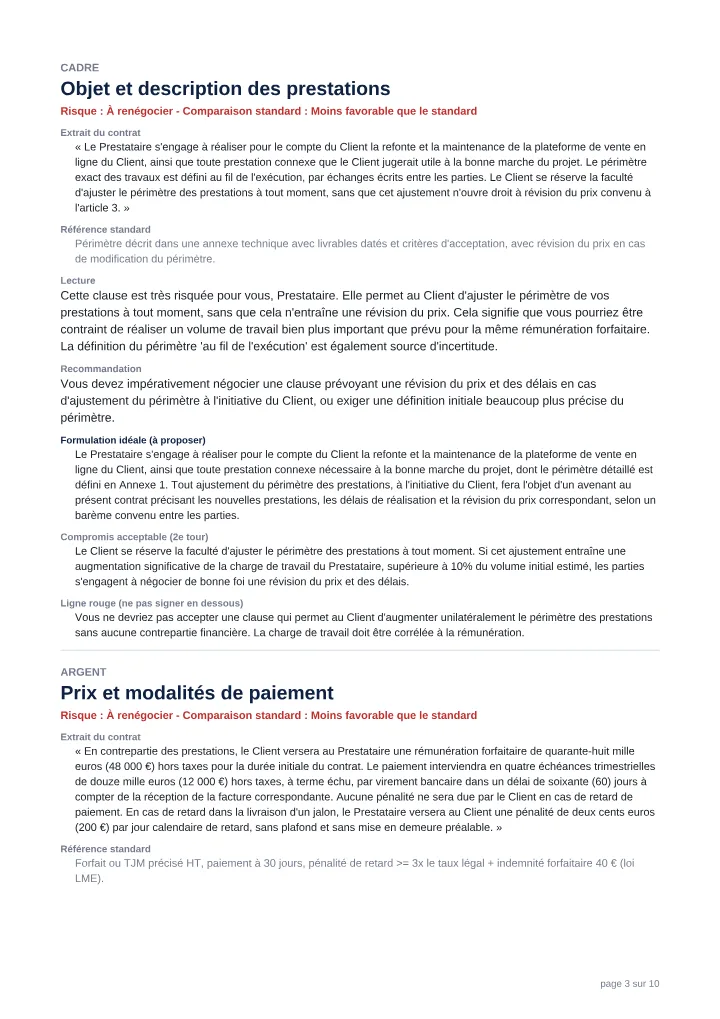 Périmètre des prestations — Analyse de documents, sur un projet d'exemple