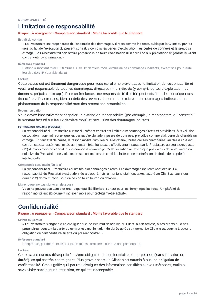 Limitation de responsabilité — Analyse de documents, sur un projet d'exemple