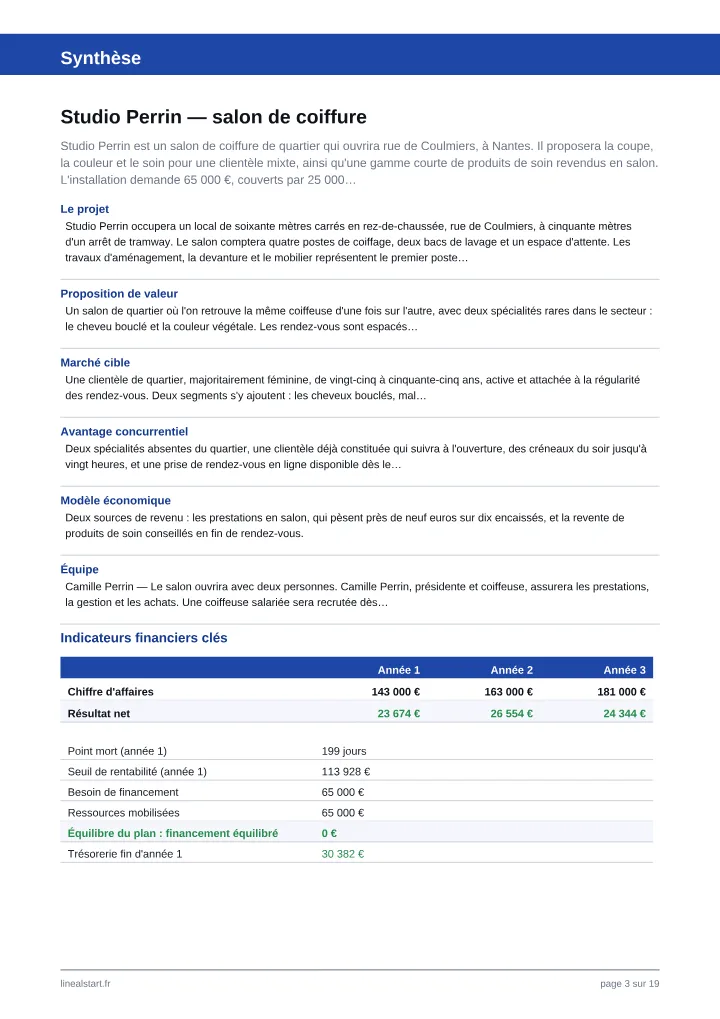 Synthèse — Business plan, sur un projet d'exemple