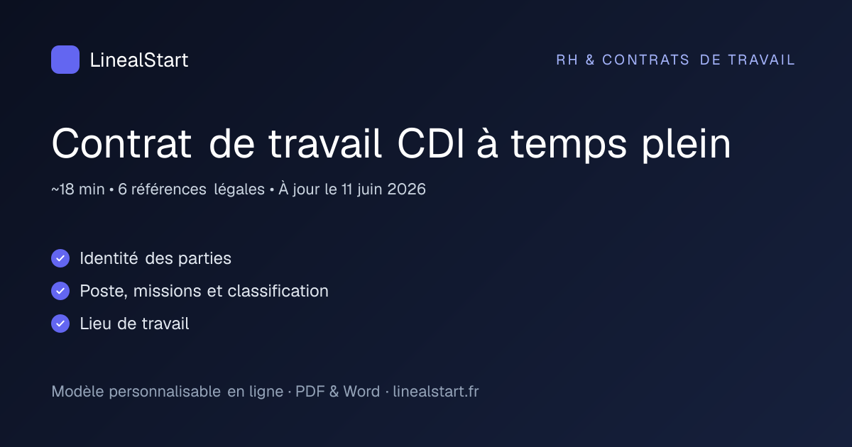 Infographie : Contrat de travail CDI à temps plein — points clés, durée de personnalisation et nombre de références juridiques